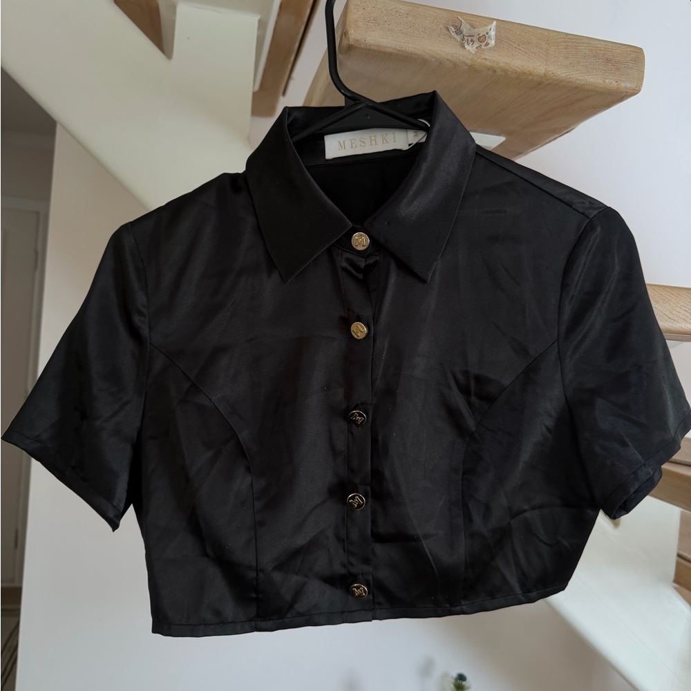 Meshki Black Cropped Button-Up Shirt With Matching Pants